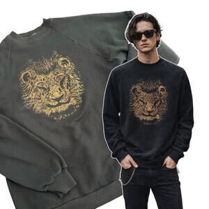 Vtg 80s JERZEES Gold Lion Sweatshirt XL Unisex Black Metallic Grunge Astrology
